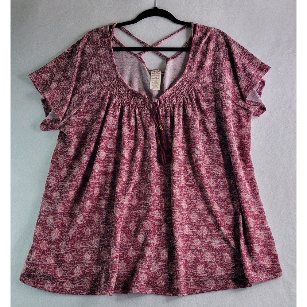 Faded Glory Womens 3X Red Medallion Smocked Tassel V-Neck Strappy Back Top
